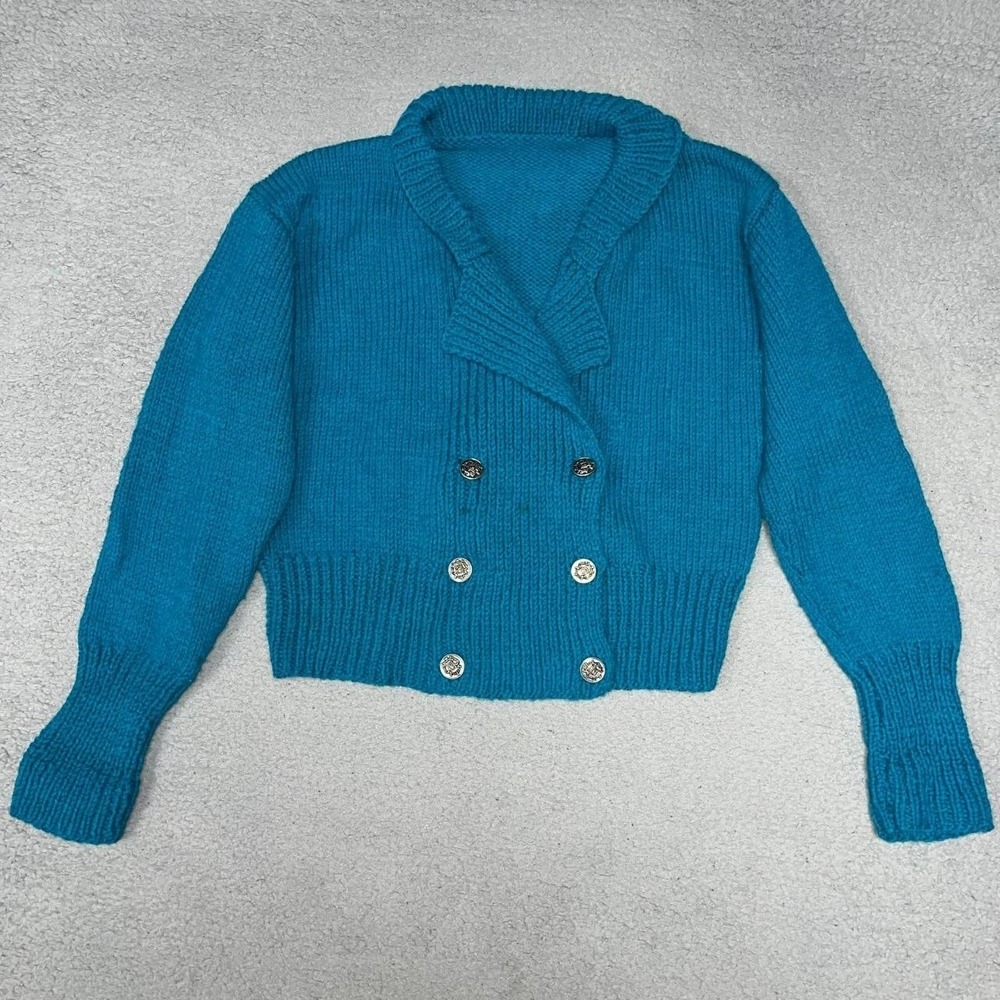 Vintage Sweater Women's‎ Sz M Teal Blue Silver Buttons Double Breasted Cardigan